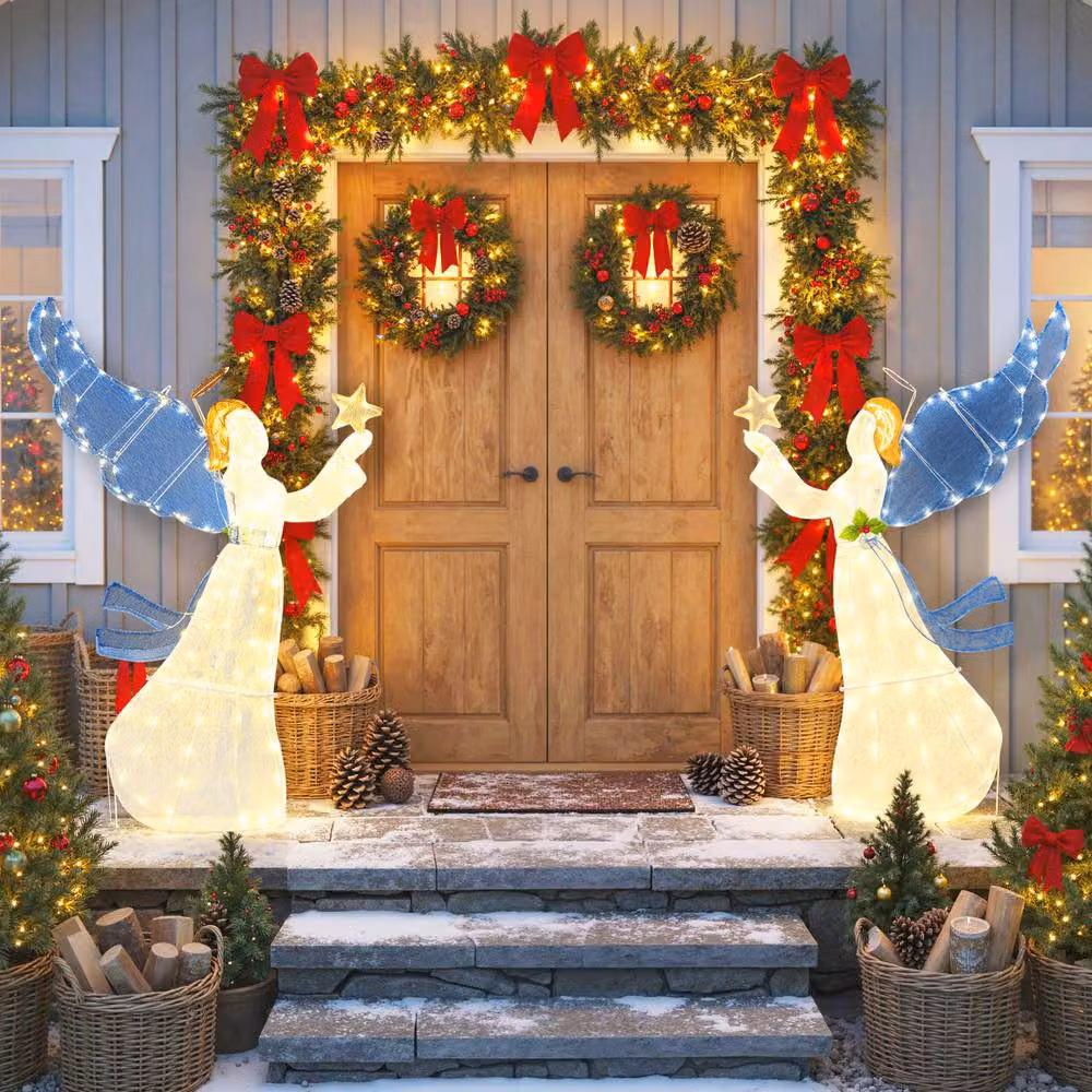 Costway 5FT 3D Glittered Christmas Angel Decoration with Wings and LED Lights in White and Multicolour, Height: 152.4 cm – 3