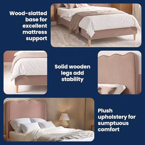 Flair Furnishings Ellis Single Velvet Bed Frame with Cloud Headboard, Pink, W/D/H: 90 x 190 x 110 cm – 5