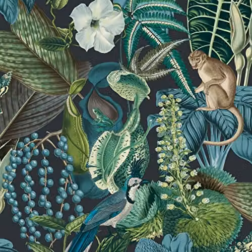 Grandeco Amazon Botanical Floral Wallpaper in Black, Blue and Multicolour