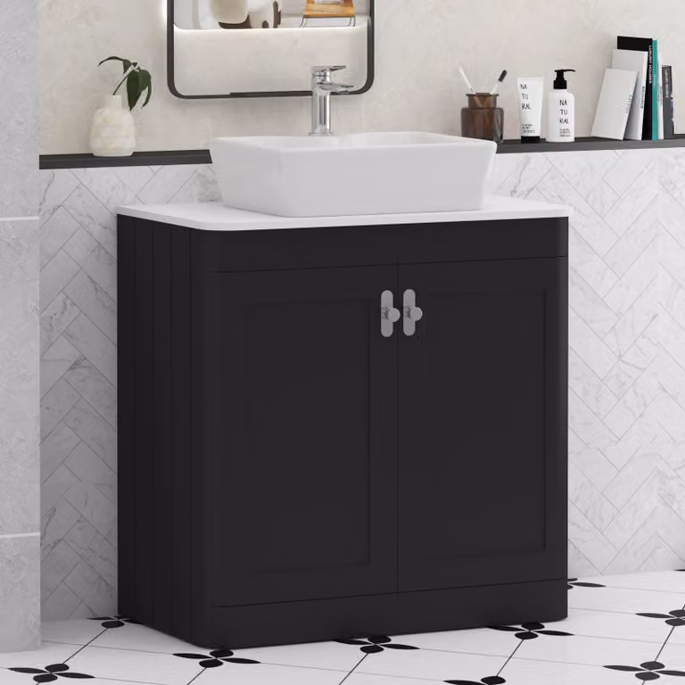 Royal Bathrooms Henley 800mm Matt Nocturne Black Floor Standing 2 Door Vanity Unit with Plain White Worktop and Cube Basin