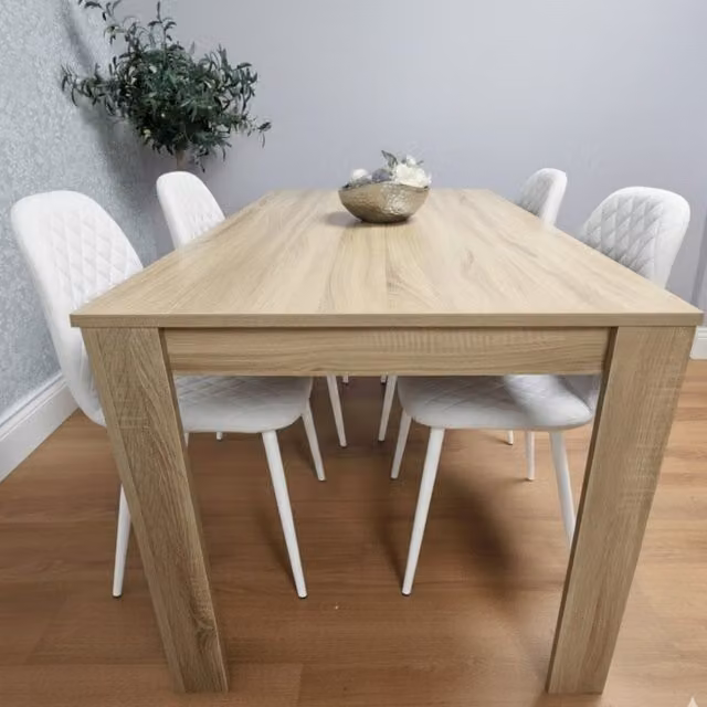 Kosy Koala Oak Effect Rectangular Dining Table and 4 Beige Faux Leather Gem Patterned Stitched Chairs Set