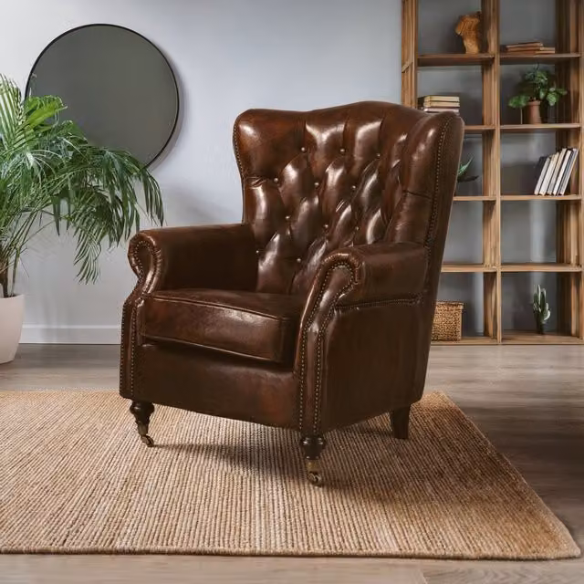 Orsina Brown Leather Lounge Chair with Walnut Wood Frame – 2