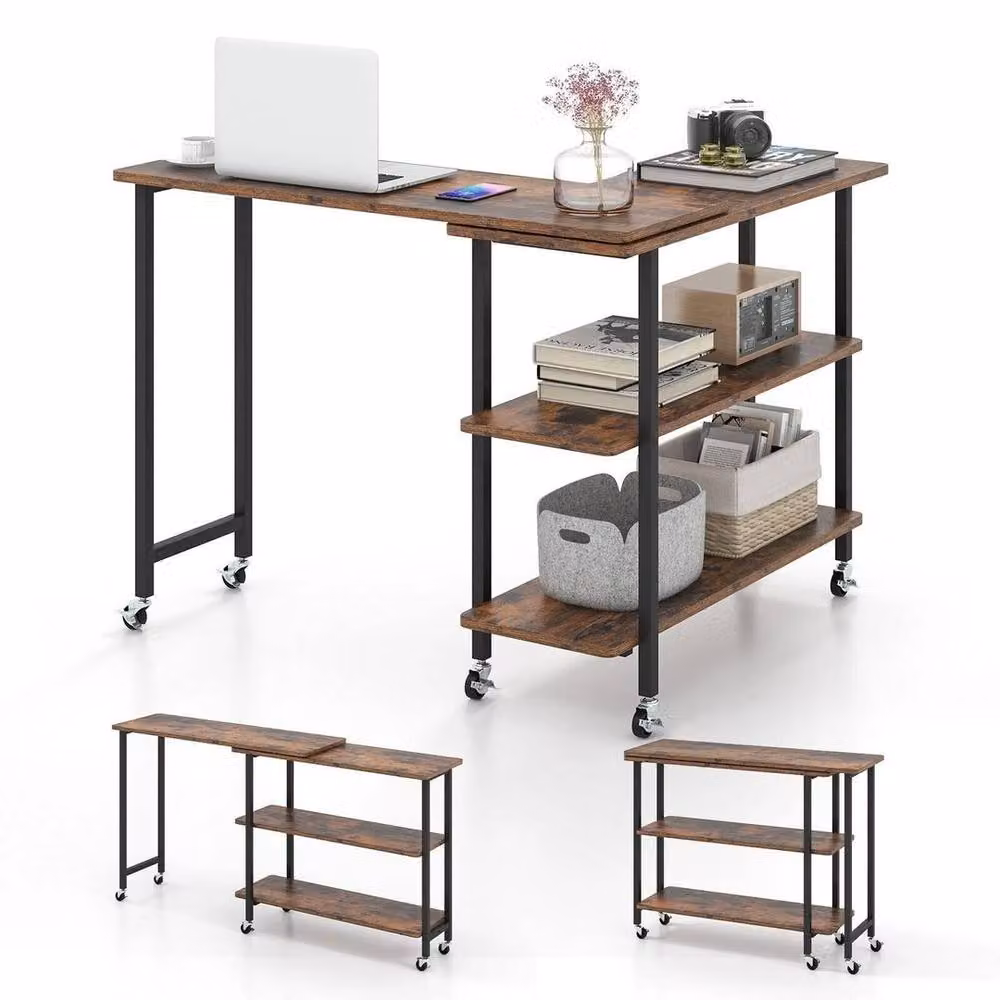 SPETLEK L-shaped Mobile Rotating Corner Computer Desk in Brown – 3