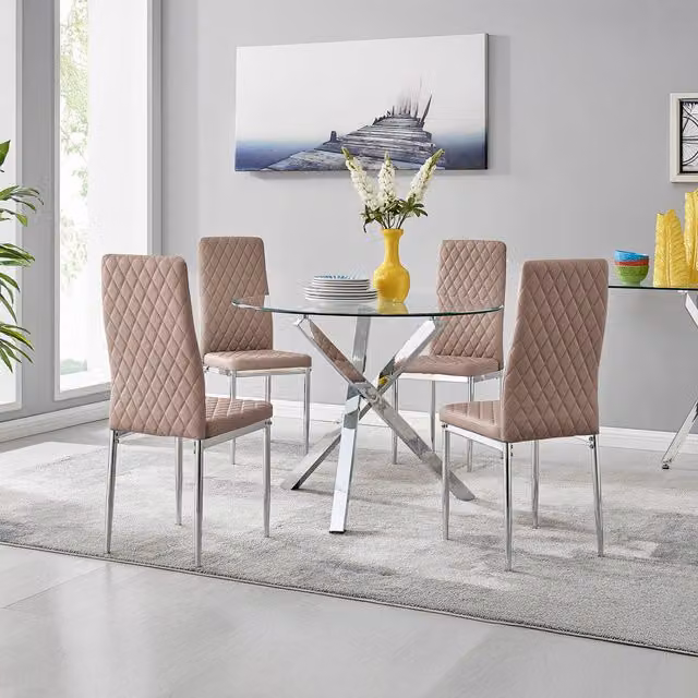 FurnitureboxUK Selina Chrome Round Glass Dining Table and Four Milan Chairs Set in Cappuccino