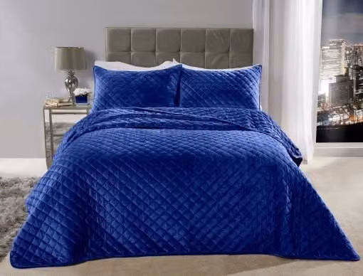 New Edge Blinds Banbury Blue Velvet Quilted Geometric Bedspread and Pillow Shams Set – 1