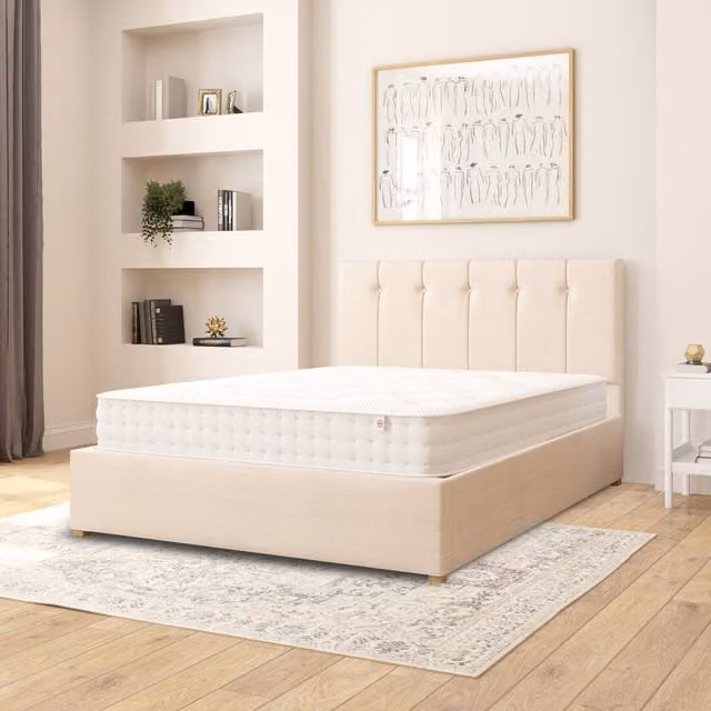 Aspire Hepburn Fabric Ottoman Storage Bed in Beige/Yellow, W/D/H: 180 x 200 cm