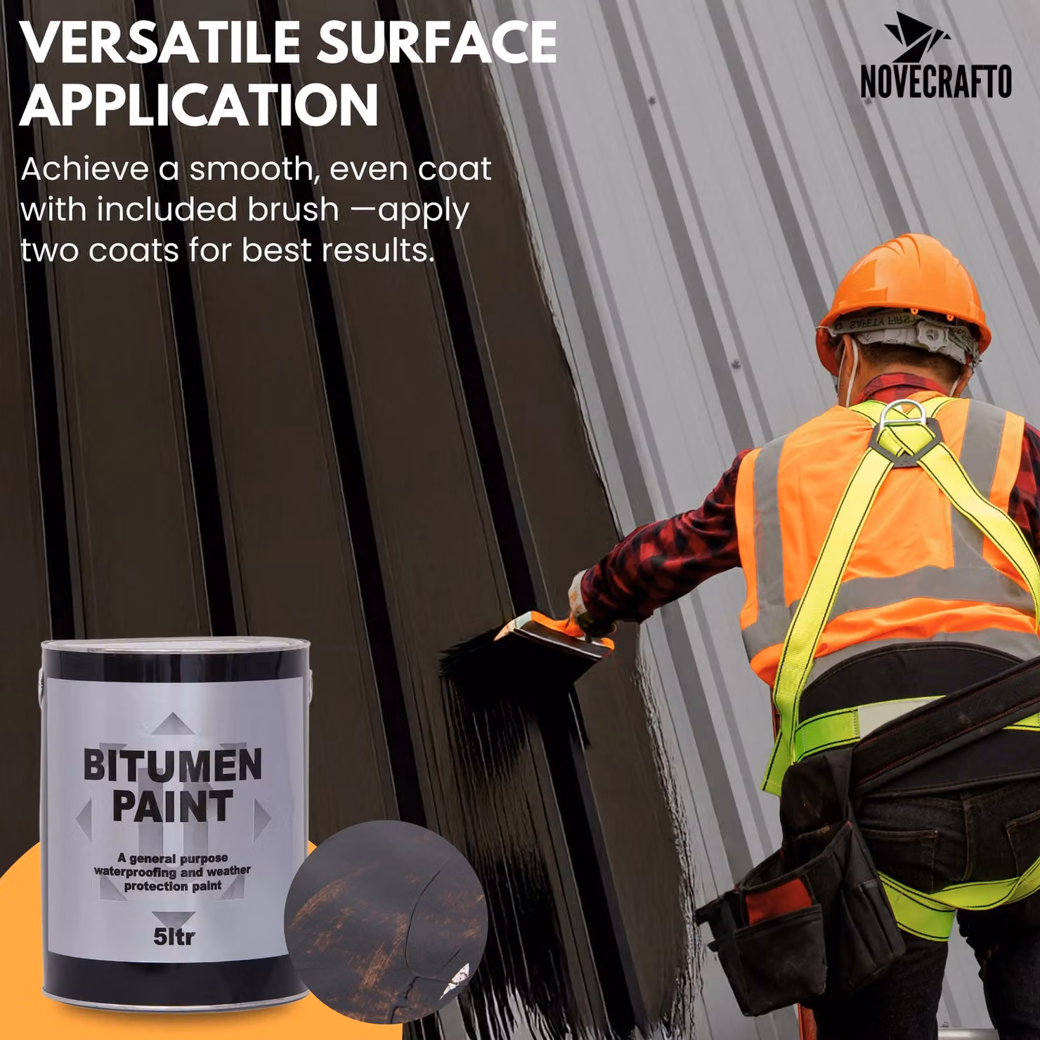 Novecrafto Black Solvent Based Bitumen Paint 5L with Brush for Waterproofing Metal and Outdoor Surfaces – 2