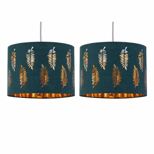 First Choice Lighting Set of 2 Fern Dark Green and Gold Modern Round Fabric Pendant Lightshades, Diameter: 30 cm – 5