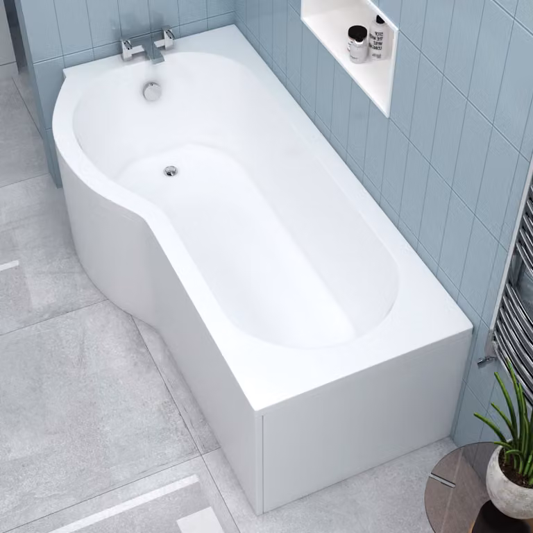 Elva White Acrylic P-Shaped Left Hand Shower Bath with Front and End Panel W/D/H: 170 x 85 x 85 cm