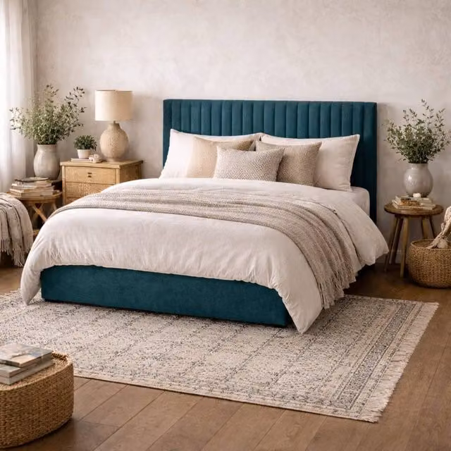 Wyld Haus Dublin King Ottoman Bed in Petrol Teal Velvet with Ribbed Headboard, W/D/H: 180 x 200 x 168 cm – 1