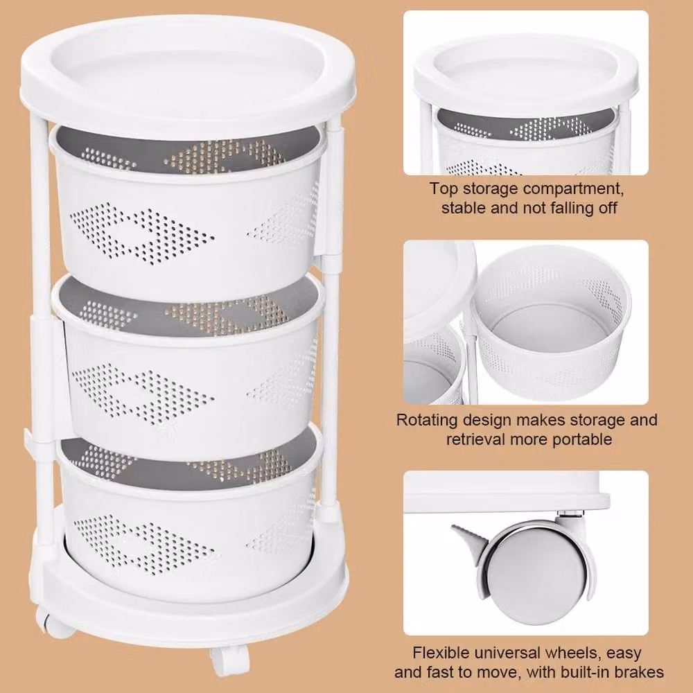 KORVIXA 3 Tier Rotating Storage Rack Trolley Cart in White with Adjustable Shelves – 3