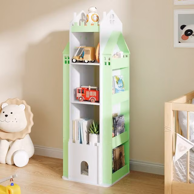 Livingandhome 5-Tier Castle Kids Rotating Bookshelf in Green