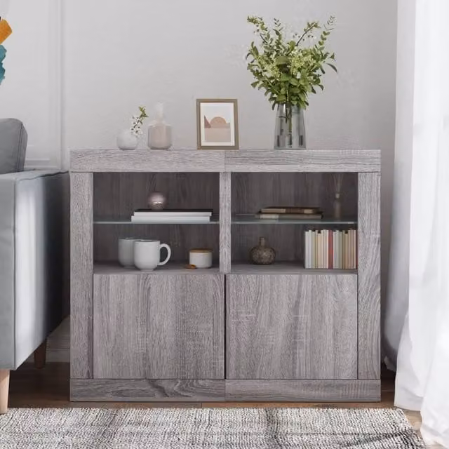 Berkfield Home Set of 2 Grey Sonoma Side Cabinets with Integrated LED Lighting and Glass Doors