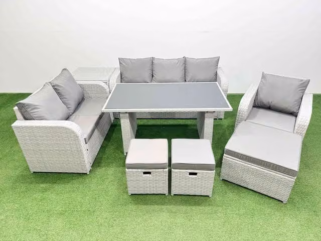 Fimous 9 Seater Rattan Outdoor Sofa Set with Side Table and 3 Stools in Light Grey