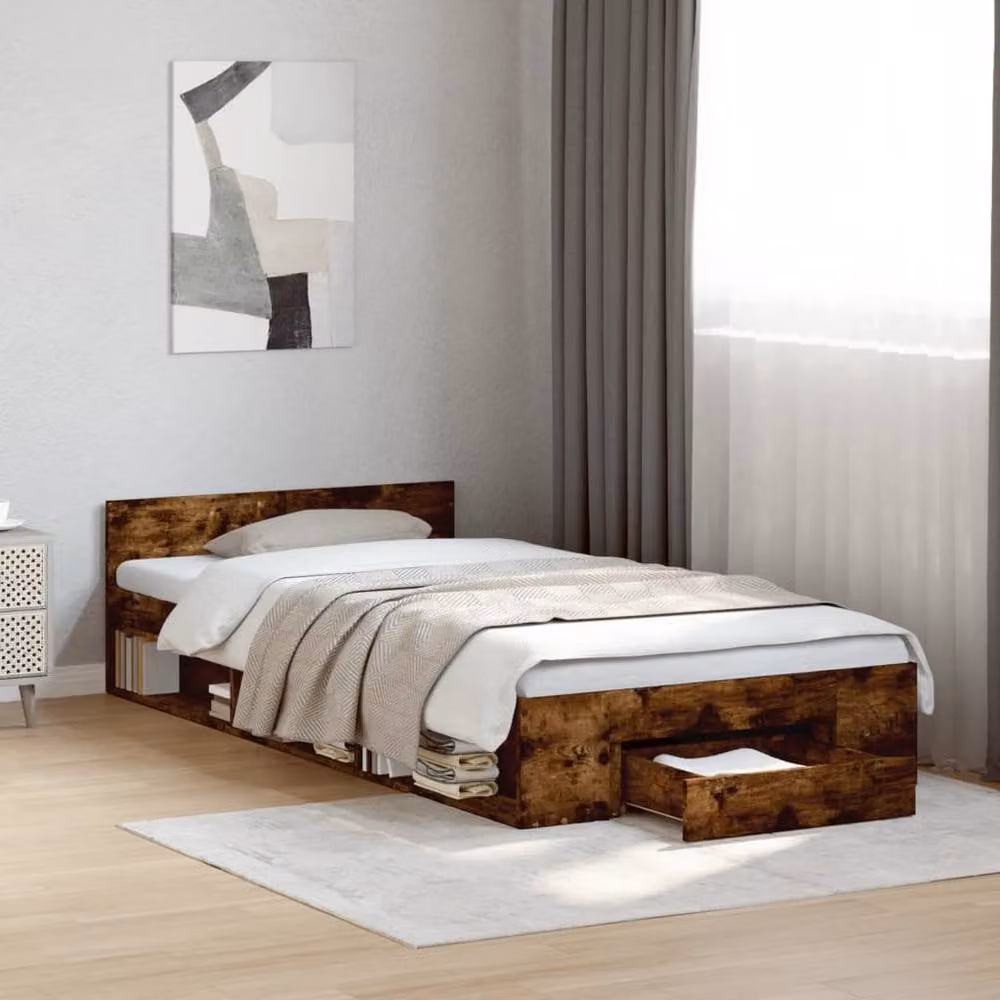 Berkfield Home Modern Bed Frame with Drawer in Smoked Oak Brown, W/D/H: 90 x 200 cm – 2