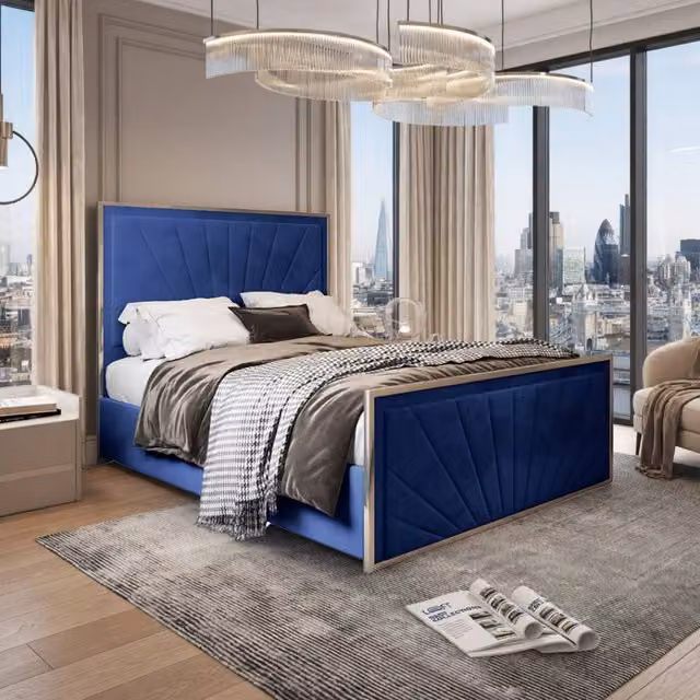 KDMD Thornbury Upholstered Velvet Blue Metal Designer Bed Frame, W/D/H: 120 x 128 x 137 cm
