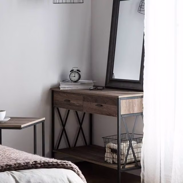 Wyld and Coco Taupe Melamine Console Table with 2 Drawers and Black Metal Frame, W: 107 cm, D: 46 cm, H: 76 cm