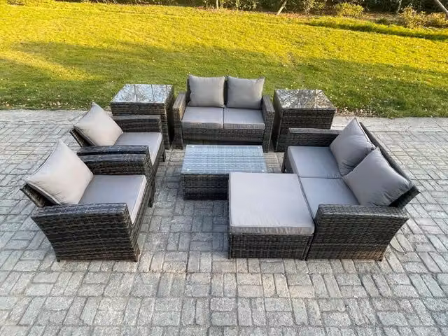 Fimous 8 Piece Outdoor Rattan Garden Furniture Set in Dark Grey with Coffee Table and Side Tables