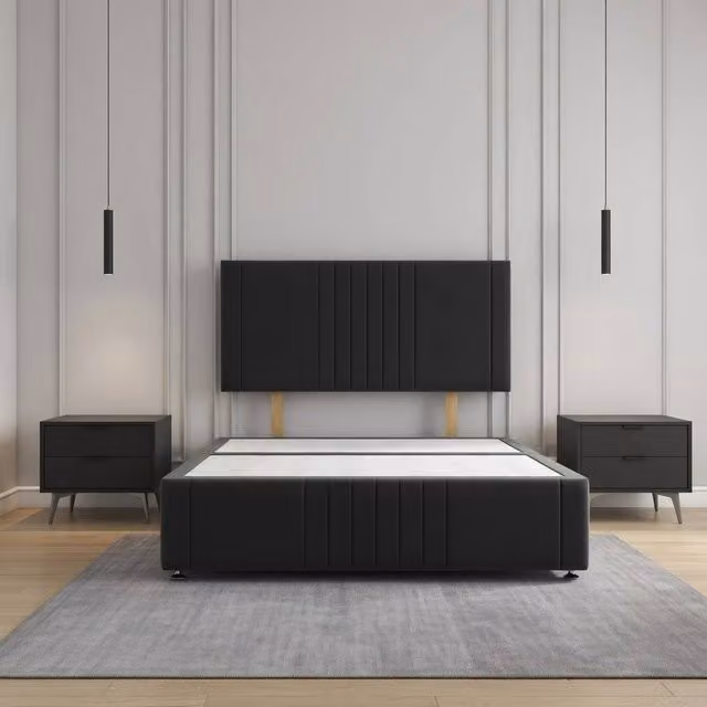 Regional Furnishings Upholstered Plush Velvet Divan Bed with 24 inch Headboard in Black, Single W/D/H: 90 x 200 cm