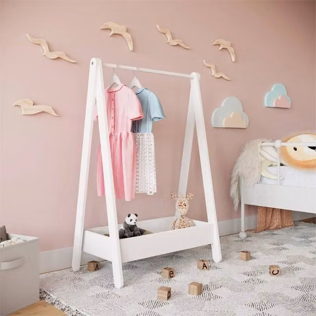 SPETLEK Wooden Kids Hanging Clothes Rail Rack with Extra Storage Shelf in White, H 99.0 cm x W 64.5 cm x D 42.0 cm – 1