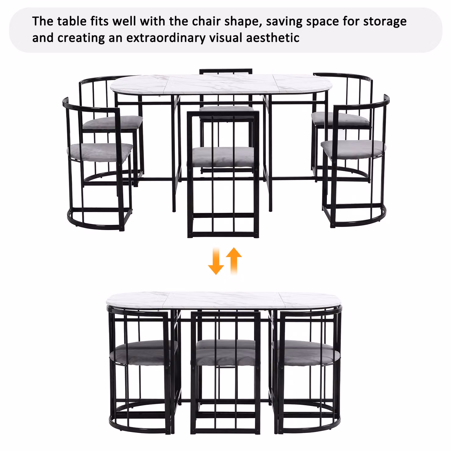 Aosom UK Modern Dining Table and 6 Chairs Set with Marble Pattern and Gold Iron Frame, Black, W: 140 cm, D: 80 cm, H: 76 cm – 3