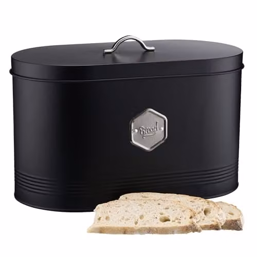 Cooks Professional Metal Bread Bin in Black and Silver with Ventilated Lid