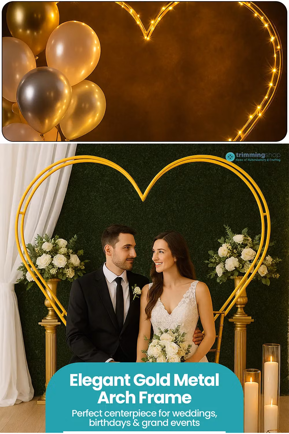 Neel Blue Dual Heart Arch Metal Party Decoration Stand in Gold, H: 200 cm x W: 182.88 cm (6.8ft x 6.5ft) – 4