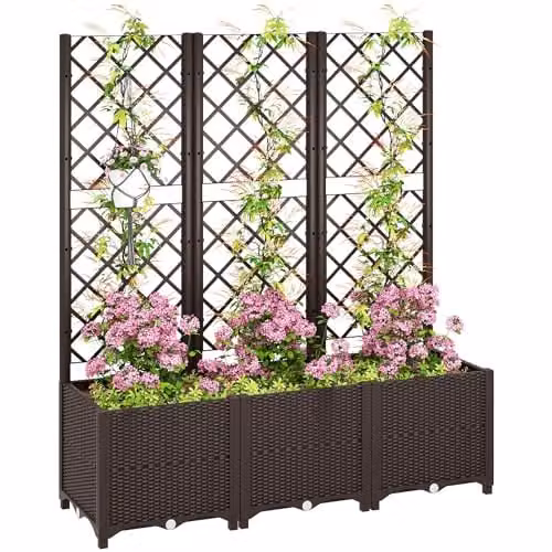 Outsunny Raised Garden Bed with Trellis in Brown Plastic WPC for Vegetable and Herb Gardens, W/D/H: 140 x 40 x 40 cm – 1