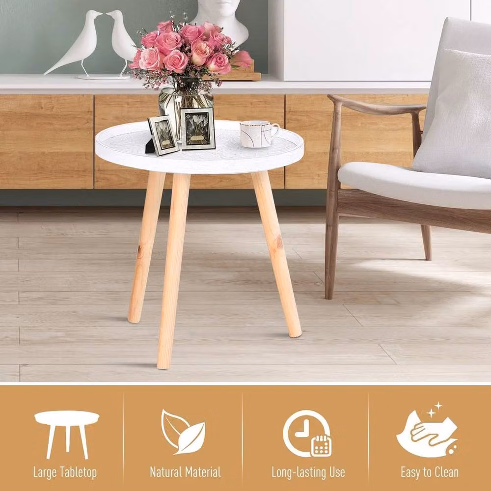 KORVIXA Round Bedside Table in White with Wood Legs – 2