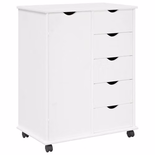 vidaXL Rolling Cabinet in White Solid Pine Wood, W/D/H: 63.5 x 39 x 79 cm