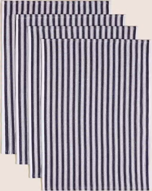 M&S Set of 4 Blue Striped Cotton Rich Basket Weave Highly Absorbent Tea Towels with Hanging Loops