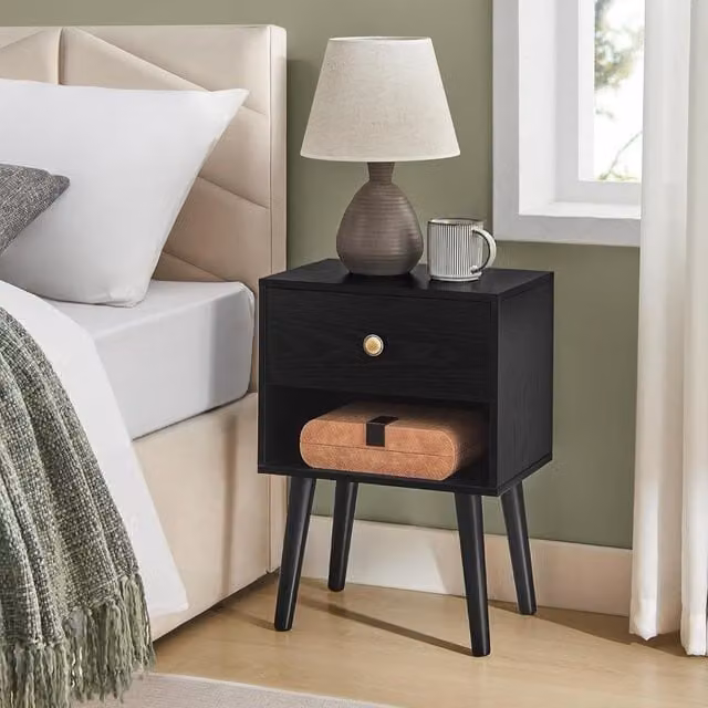 VASAGLE Set of 2 Black Bedside Tables with Storage Drawer and Solid Wood Legs