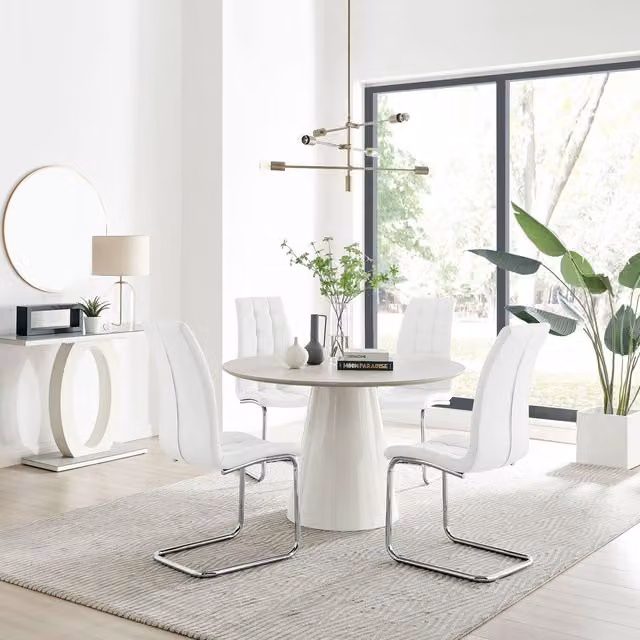FurnitureboxUK Palma Beige Stone Effect Round Dining Table and 4 Murano Chairs in White