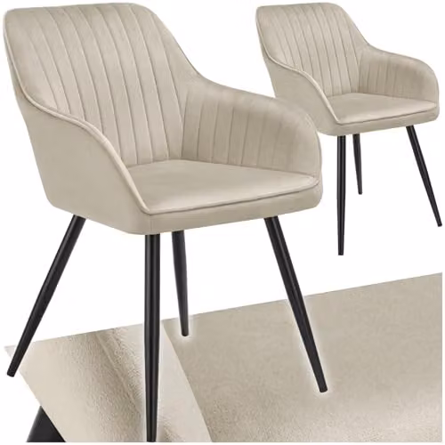 tectake Set of 2 Velvet-Look Dining Armchairs with Ergonomic Backrests and Steel Legs, Cream and Black