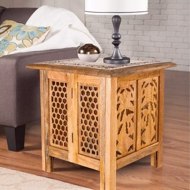 Topfurnishing Square Carved Mango Wood Coffee Table and Bedside End Table in Antique Brown and Yellow, W/D/H: 45 x 45 x 45 cm