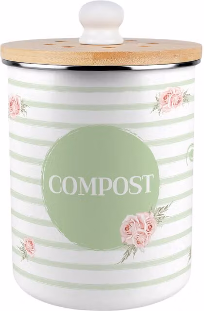 Purely Home Roses & Stripes Metal Compost Caddy with Bamboo Lid, 2L, Green, White and Pink