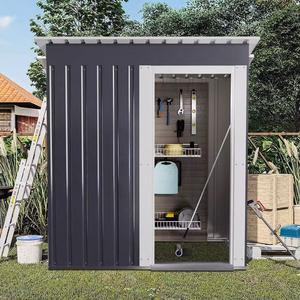 FLAVORA Grey Metal Pent Garden Storage Shed with Double Doors – 4