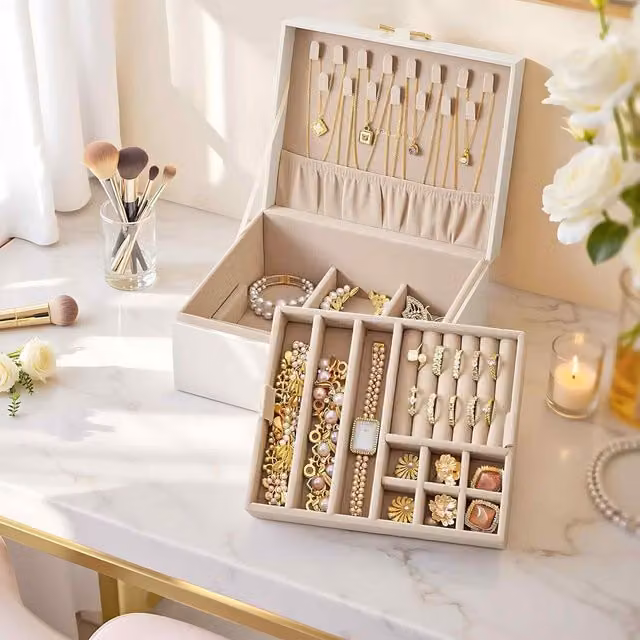 The Bazaarist Wooden Jewellery Box with Removable Tray and Carry Handle, White, W/D/H: 20.5 x 17.0 x 9.5 cm