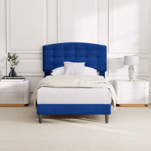 MCC Direct Cheyenne Single Velvet Upholstered Bed Frame in Blue, W/D/H: 90 x 200 cm – 1