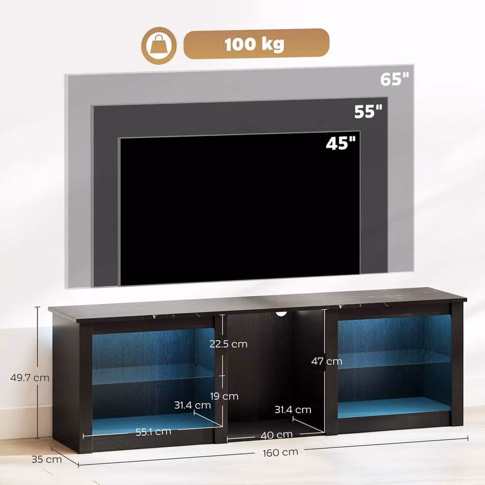 KORVIXA Modern Black TV Unit with Integrated LED Lighting and Glass Details – 2