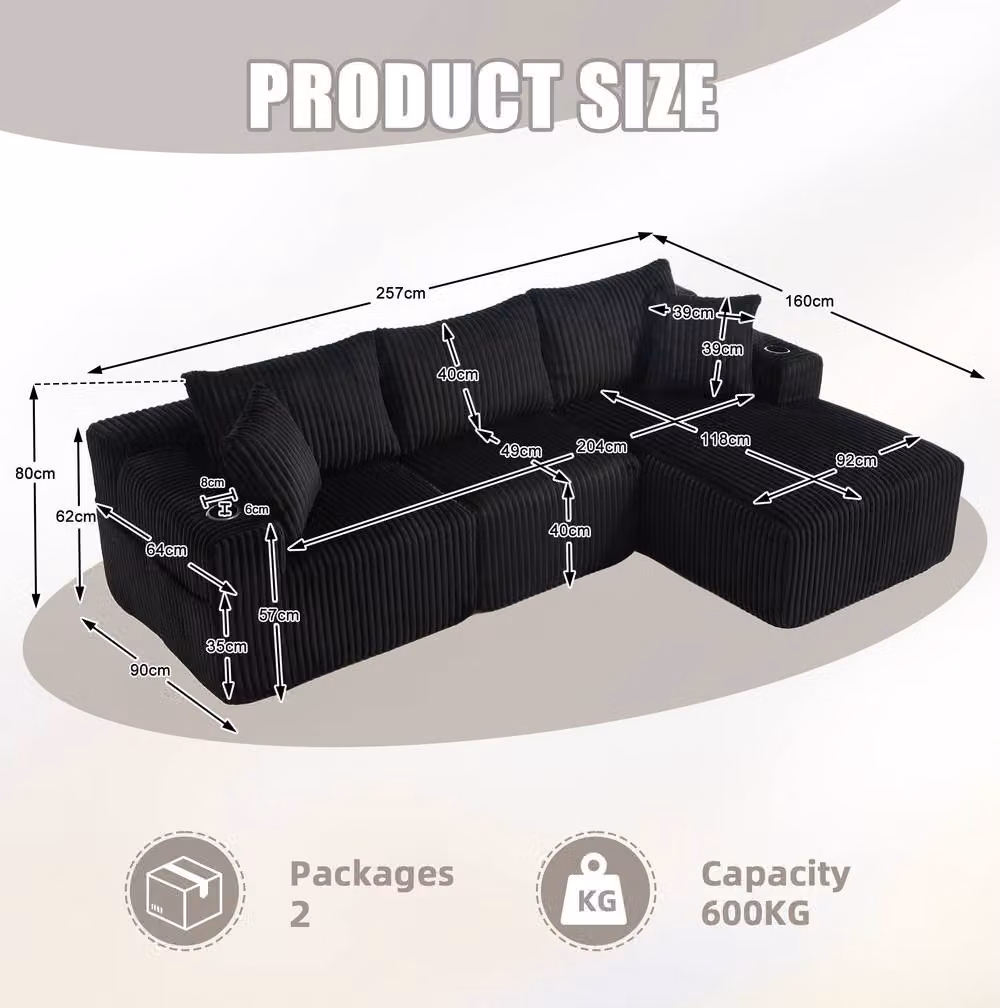 STILVORA Modular L-Shaped Upholstered Sofa in Black with Cup Holders, Sleeping Function and Scatter Cushions – 2
