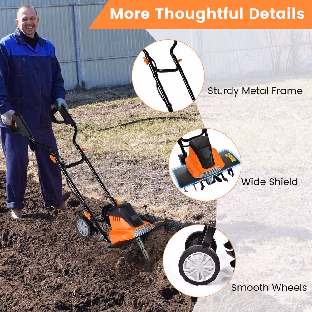 Costway 1500W Electric Tiller Garden Soil Cultivator Rotavator, Orange – 8