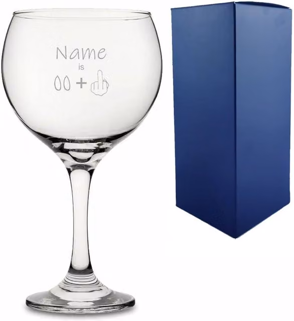 Uniqueful Personalised Funny Gin Balloon Cocktail Glass with Name and Age +1 Design in Clear – 1