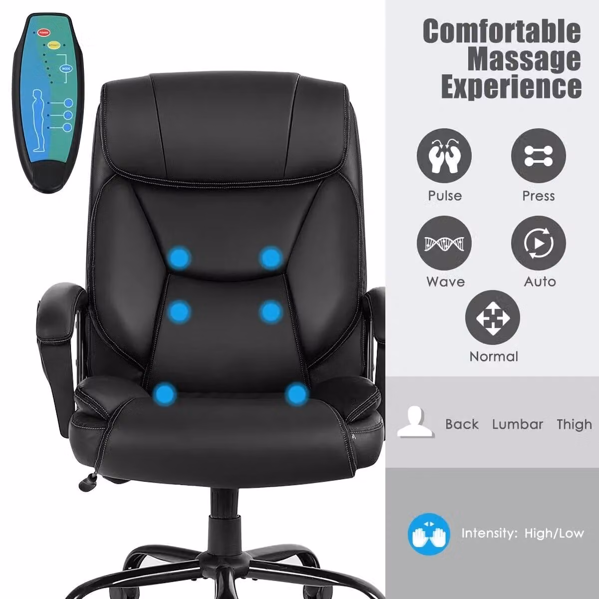 Costway Executive Office Chair with 6-Point Massage, 360 Degree Swivel and Headrest in Black Synthetic Leather – 5