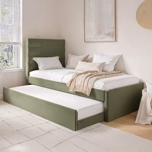 Flair Ari Upholstered Single Bed with Trundle in Green Velvet and Beige Bouclé, W/D/H: 90 x 190 cm – 1