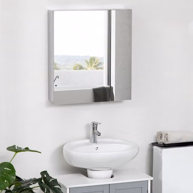 Kleankin Wall Mounted Silver Bathroom Mirror Cabinet with Hinged Soft Close Glass Doors and Internal Shelves