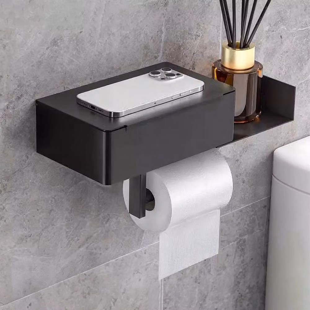 PAWNORA 3-in-1 Wall Mounted Stainless Steel Bathroom Toilet Roll Holder in Black – 3