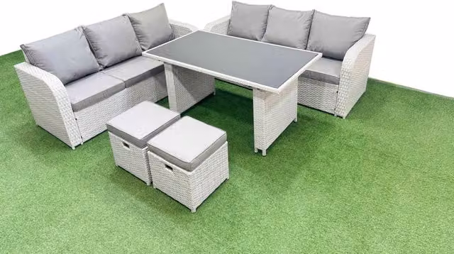 Fimous 8 Seater Rattan Outdoor Dining Table Set with 2 Small Stools in Light Grey