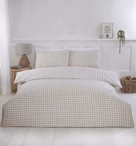 Rapport Home Single Polycotton Checked Duvet Cover Set with Pillowcase in Beige and White, W/D/H: 135 x 200 cm