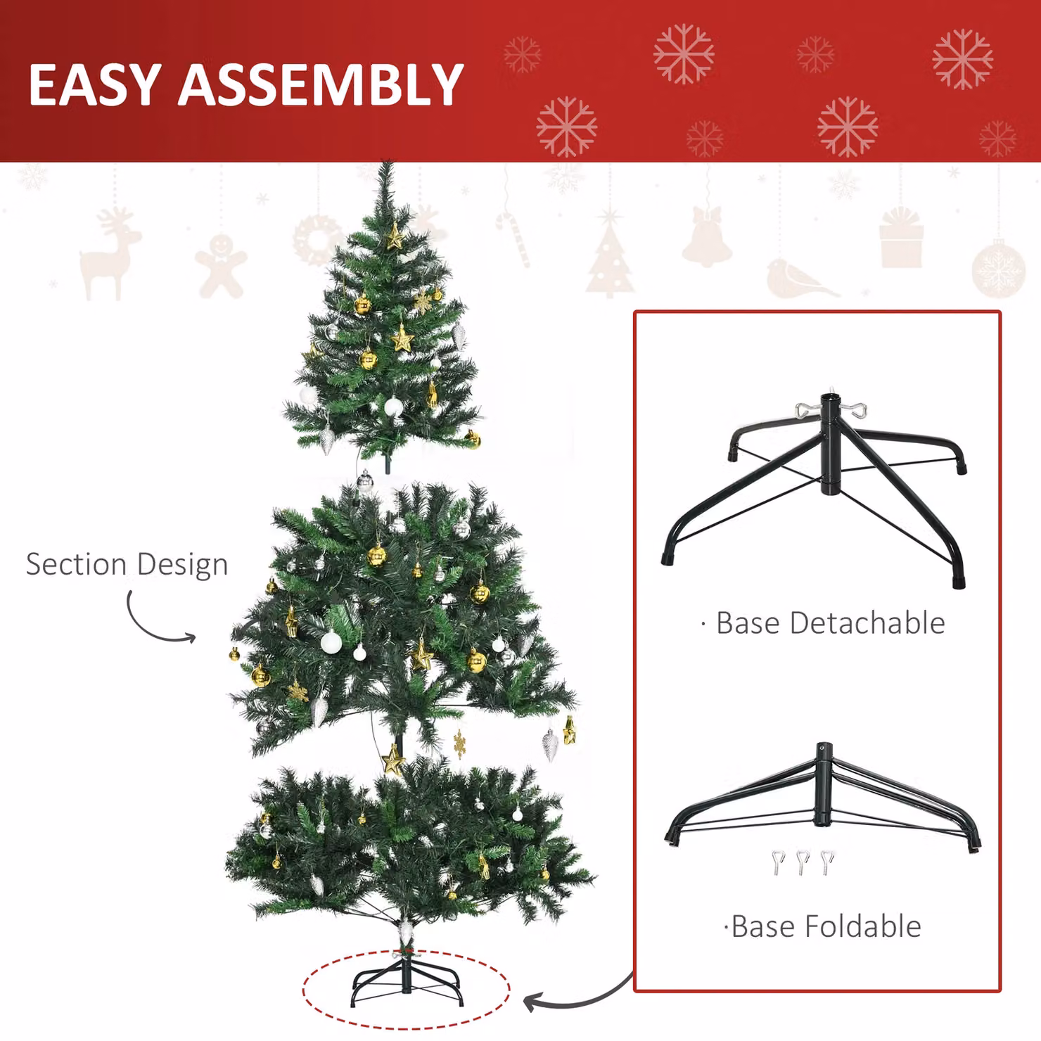 HOMCOM Pre-Lit Artificial Christmas Tree with 200 Warm White LEDs and Decorative Balls in Green with Metal Stand – 5